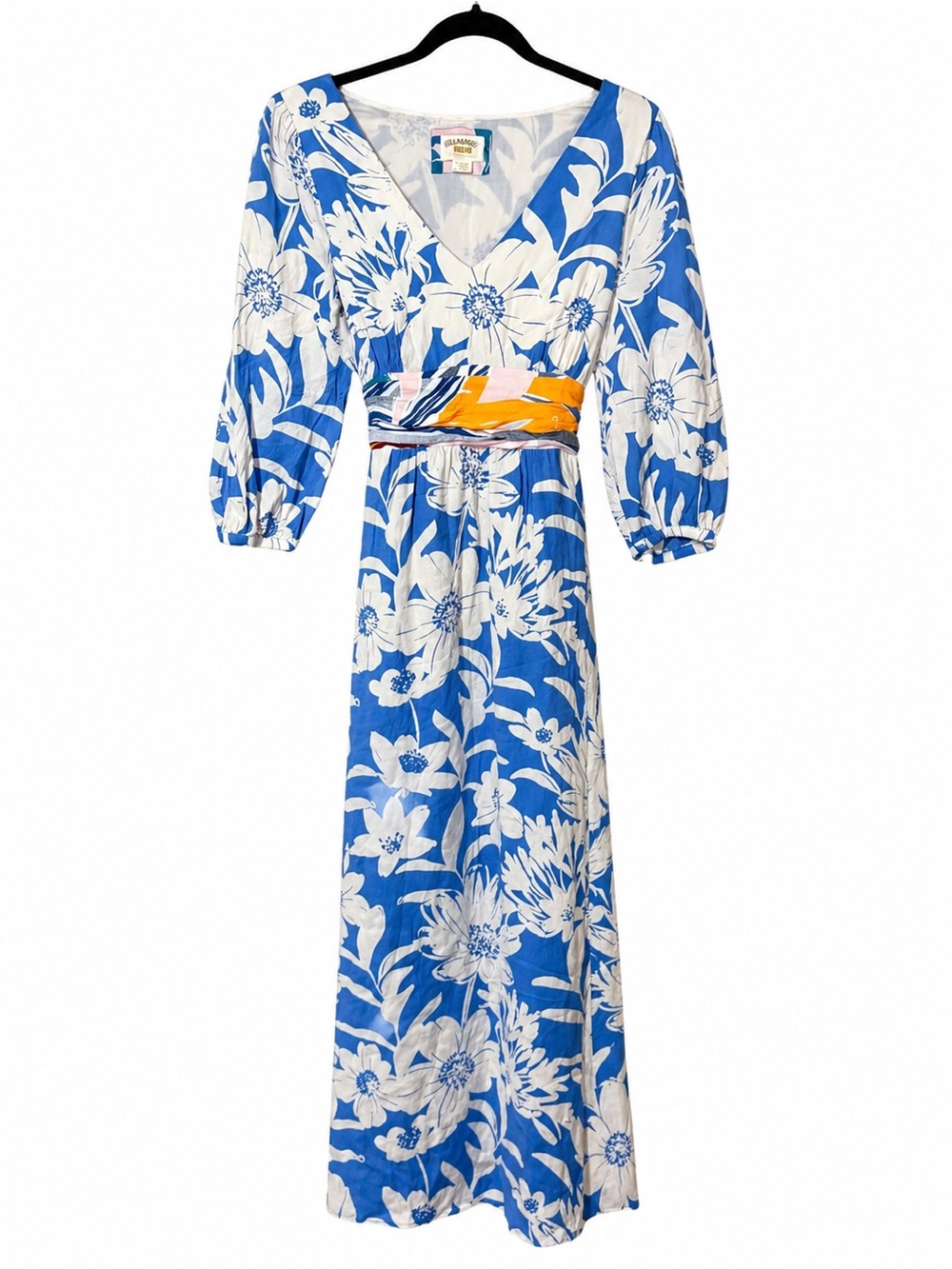 Maeve Blue and White Floral Maxi Dress with Yellow Accent
